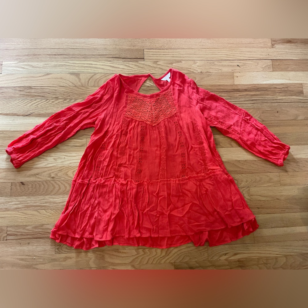 Adiva Anthropology Women’s 3/4 Sleeve Lace Detail Tunic blouse Dark Coral Med